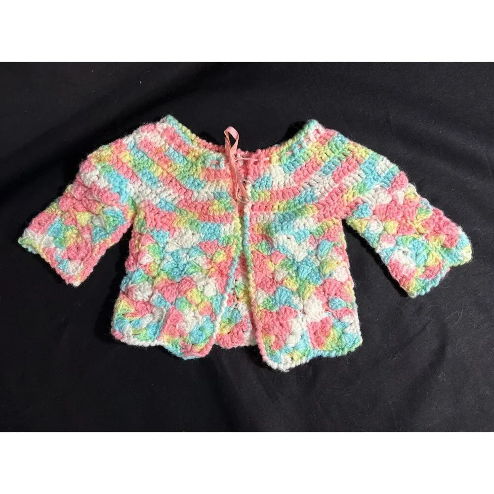Sweet Vintage Handmade Crochet Baby Cardigan Sweater – Pastel Rainbow/Ribbon Tie
